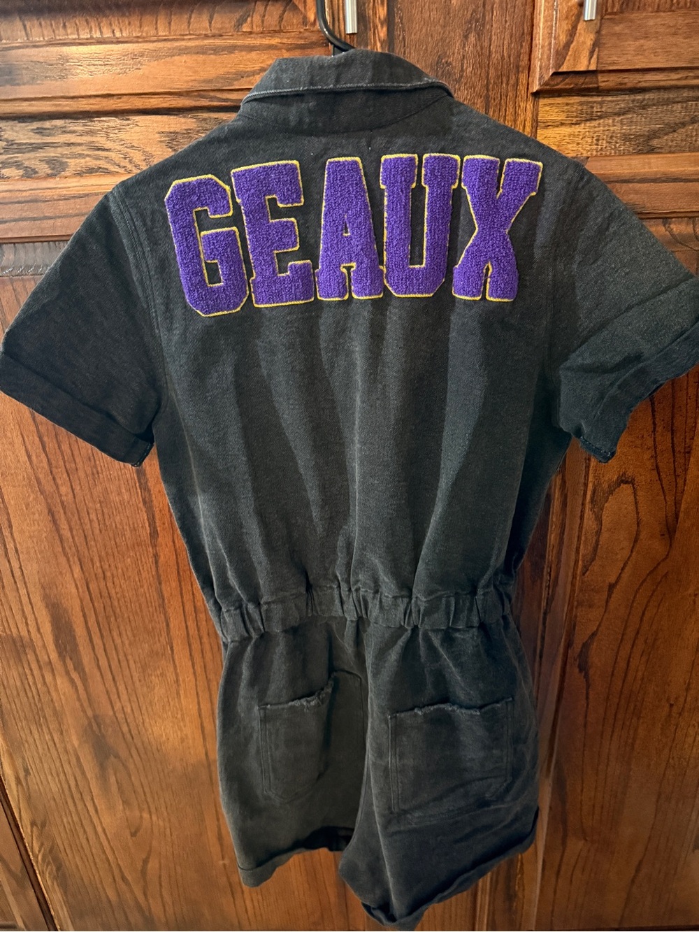 LSU Black Short-Sleeve Romper with Purple 'GEAUX' Patch